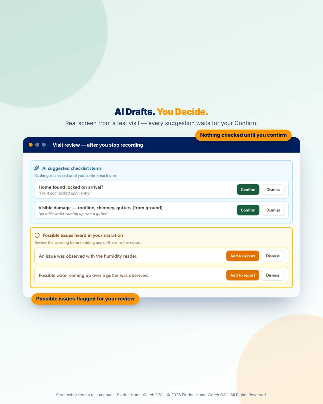 Visit review screen from a test account: AI-suggested checklist items and possible issues, each waiting for Confirm or Dismiss