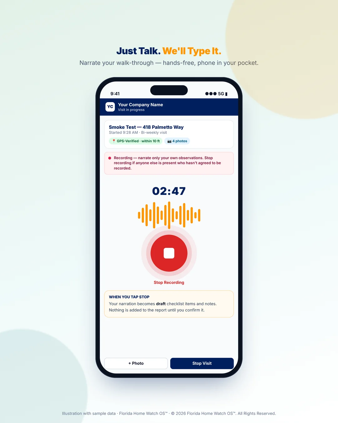 Recording screen during a visit: narrate hands-free, then tap Stop