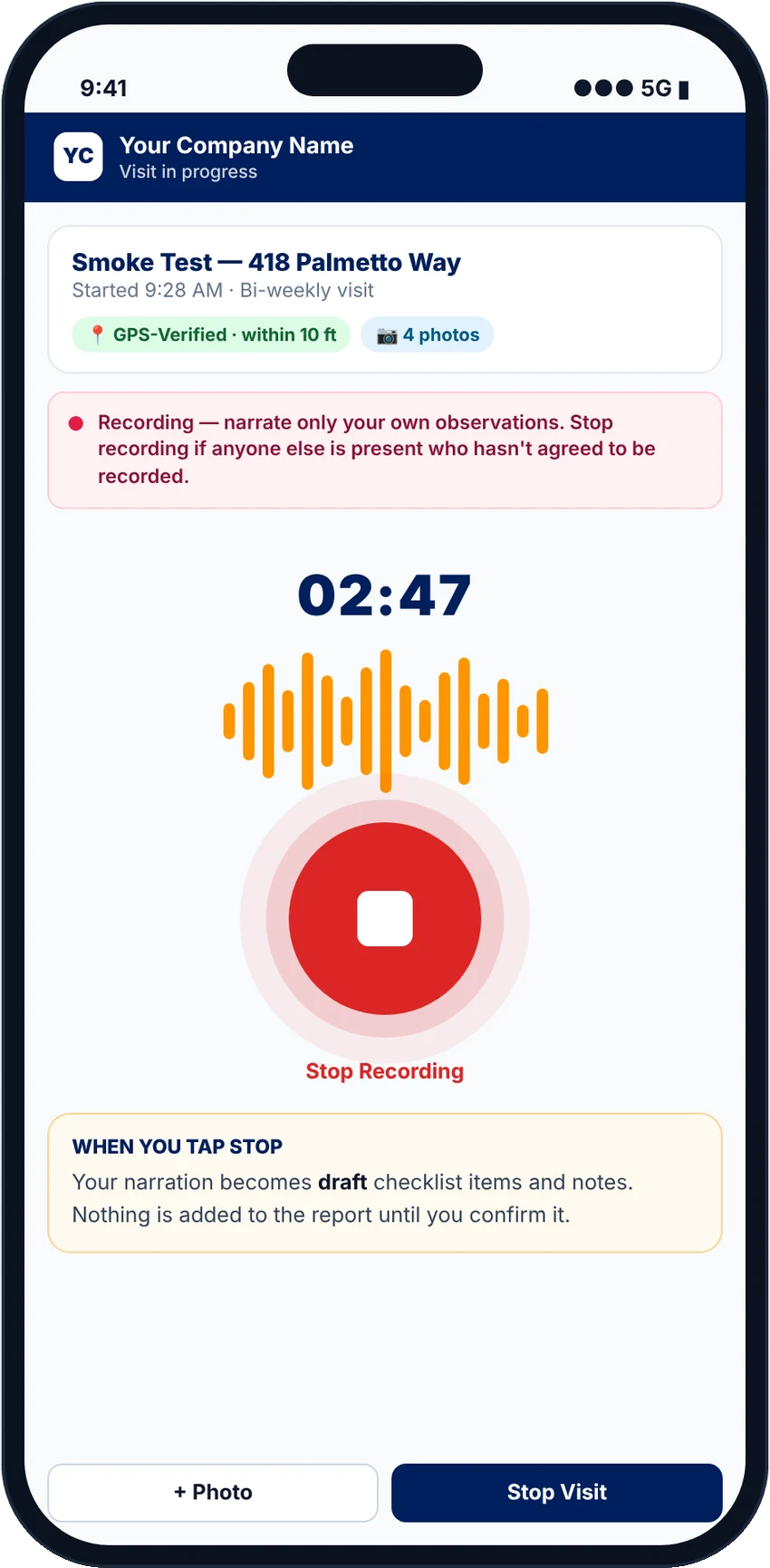 Recording screen during a visit: narrate hands-free, then tap Stop